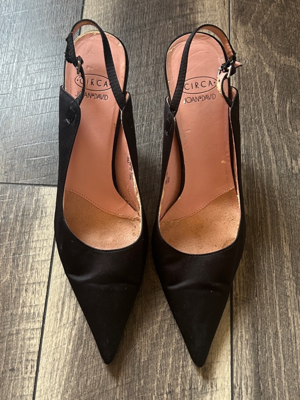 Joan & David Black Satin Pointed Toe Slingback Heels